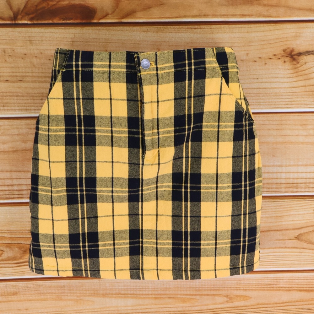 Hollister California Mini Skirt Womens Size S Yellow Black‎ Plaid Cotton Pockets